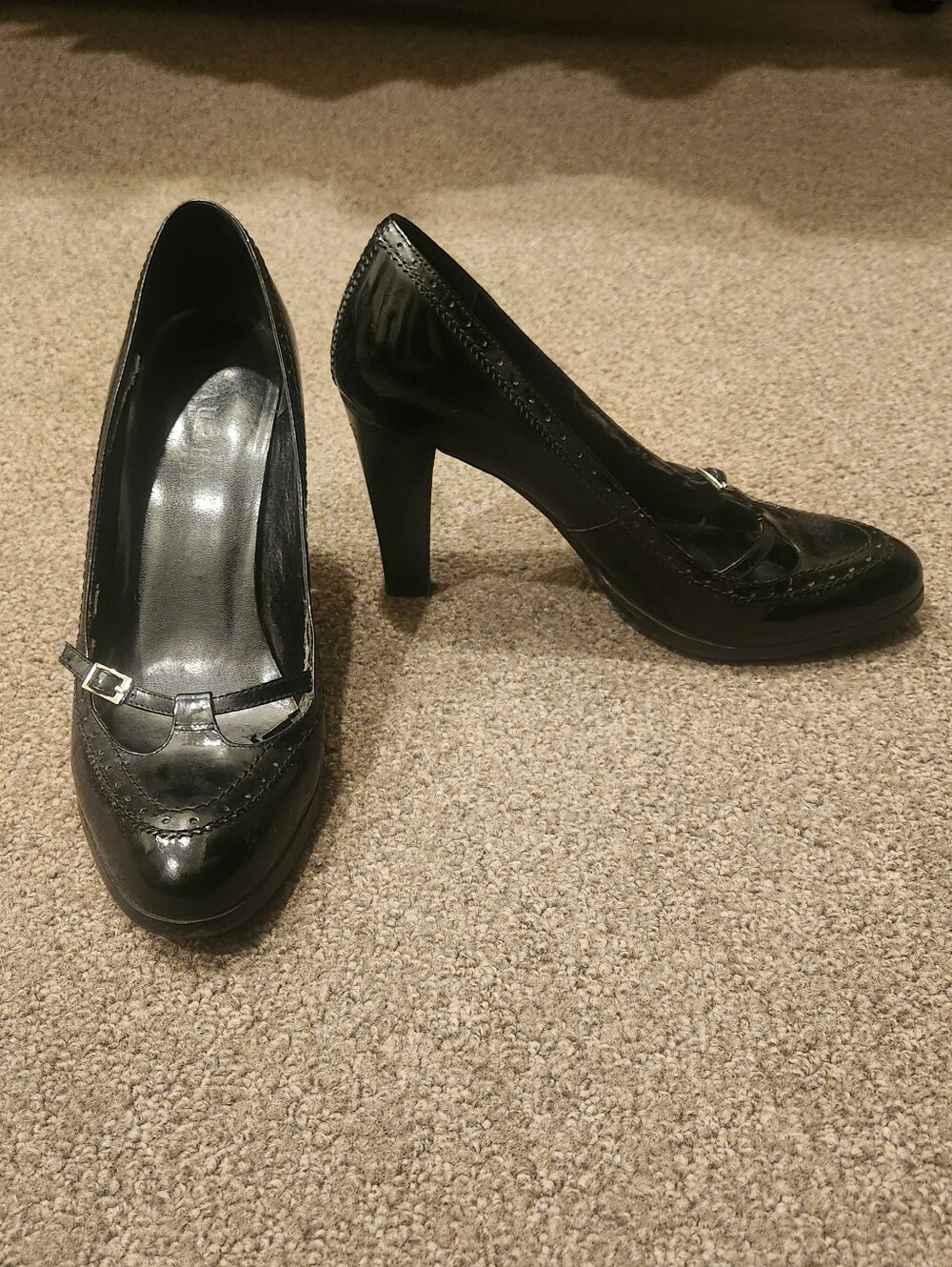Ralph Lauren Black Patent 100% Leather Retro Pinup Preppy Oxford Wingtip Heels